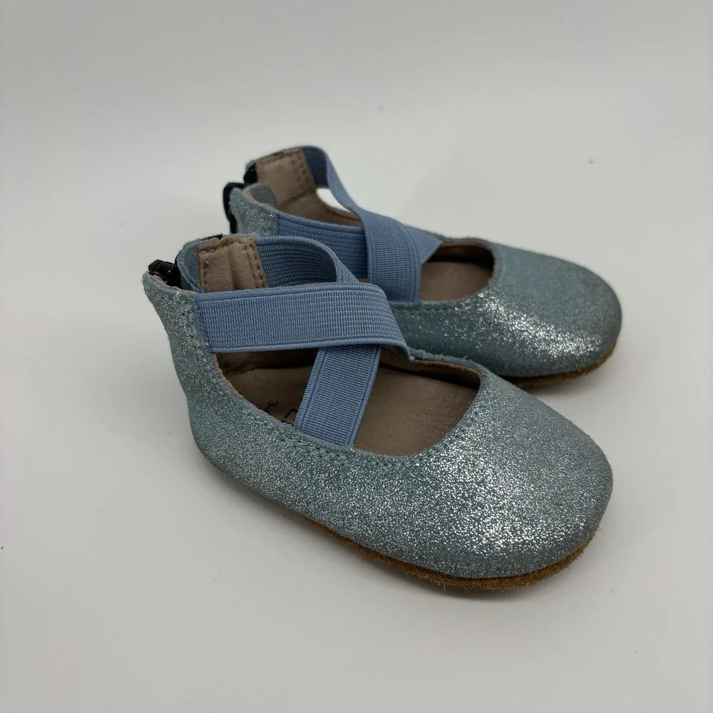 Monkey Feet Shoes Lot Of 2 Baby Girl Size 3-6 Months Blue Flower Flat Soft Soled